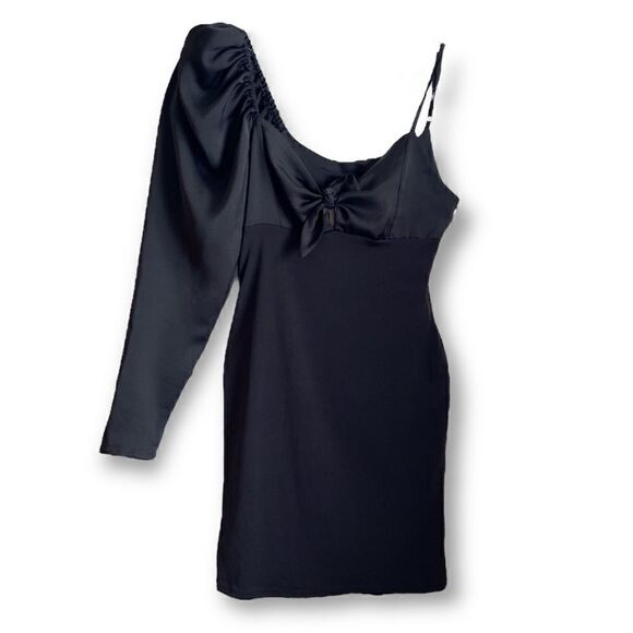 TFNC London Asymmetrical Puff Sleeve Bodycon Little Black Dress, Size Small - Picture 1 of 10